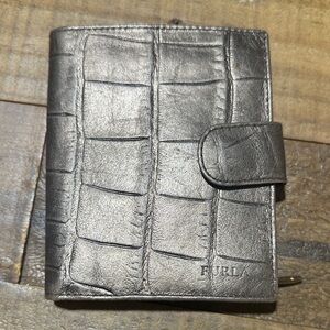 Furla Metallic Gunmetal  Croc-Embossed Leather Wallet / Card Holder